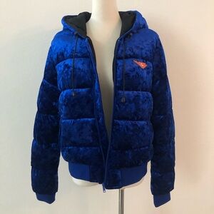NEW Pony X Forever 21 Collaboration Blue Velvet Hooded Puffer Jacket.